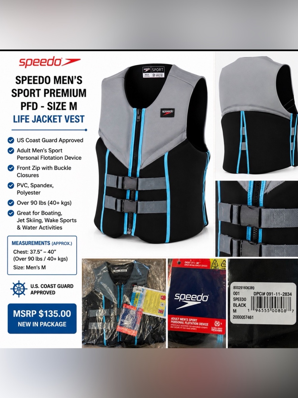 NWT Speedo Men’s Sport Premium Life Jacket Vest PFD Size M US Coast Guard App
